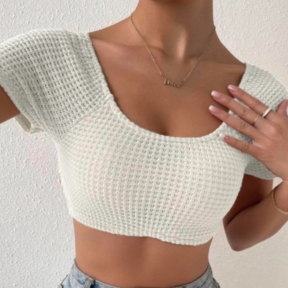 White/cream waffle knit crop top cute cover up for beach/boat